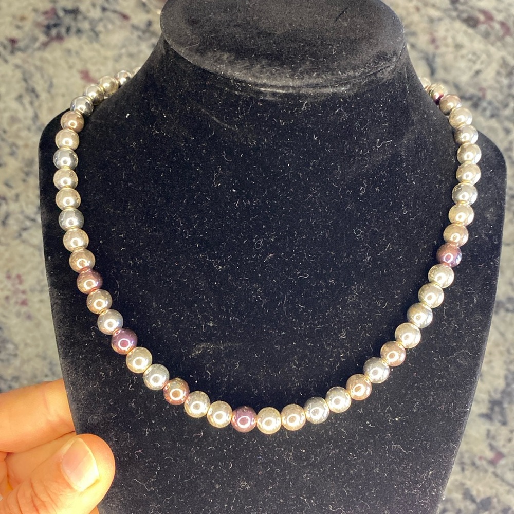 Silver and lavender‎ round bead statement collar necklace